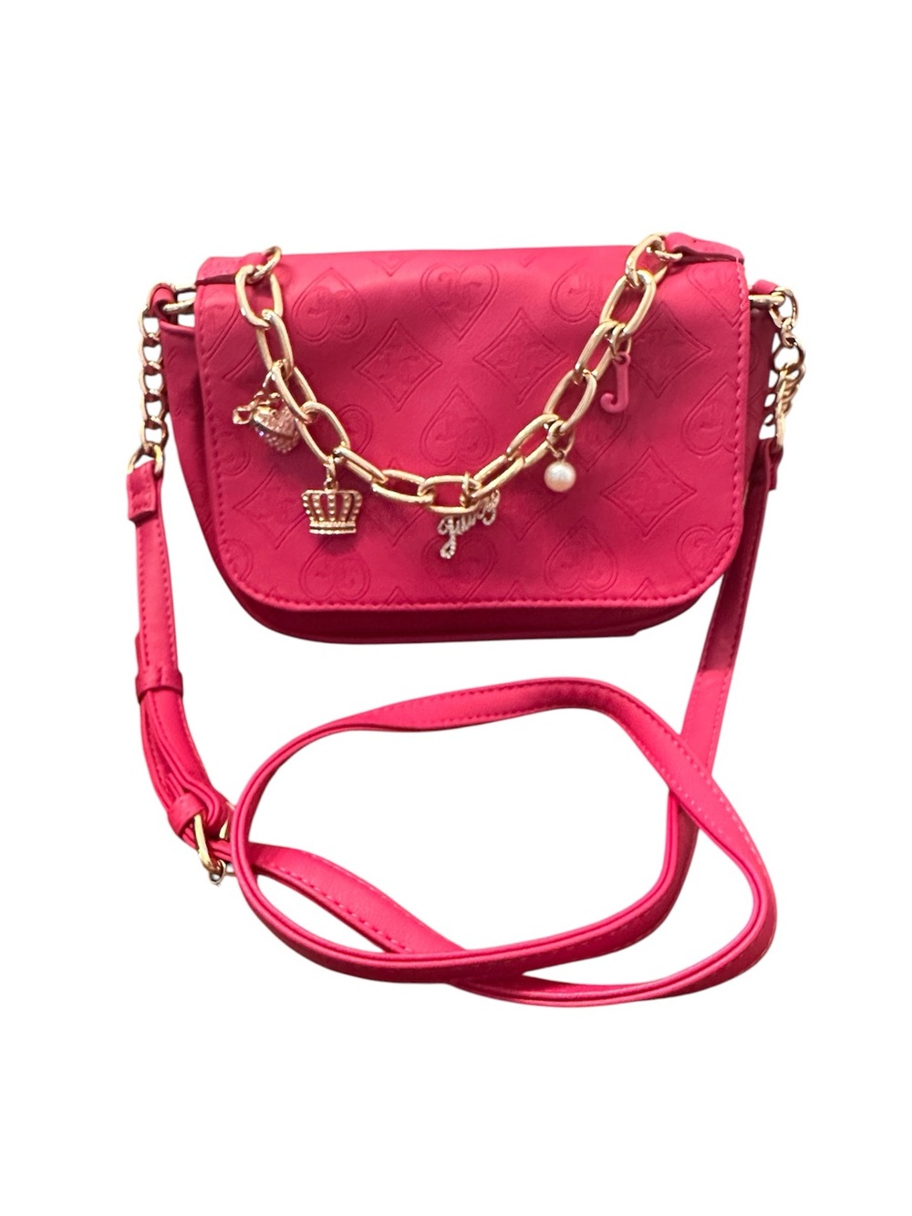 Juicy Couture Pink Crossbody Shoulder Bag with Gold Heart Pearl Crown Charms